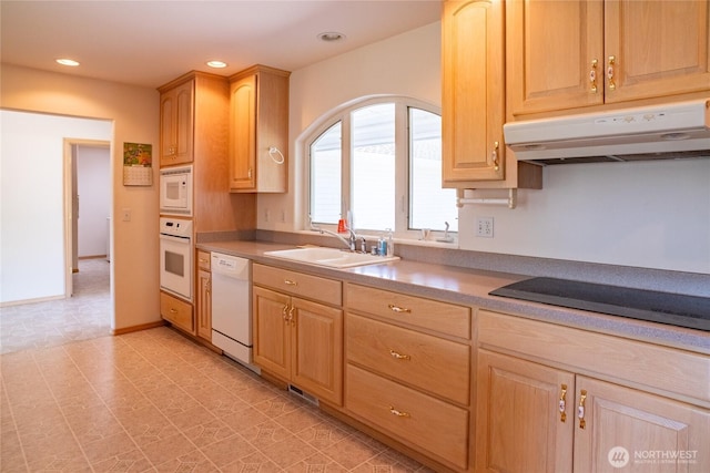 28705 48th Ave NW, Stanwood, WA 98292 - kitchen featuring white appliances, under cabinet range hood, light brown cabinetry, light countertops, and recessed lighting