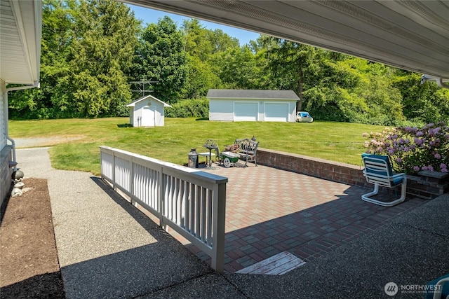 28705 48th Ave NW, Stanwood, WA 98292 - view of patio featuring view of wooded area and a shed