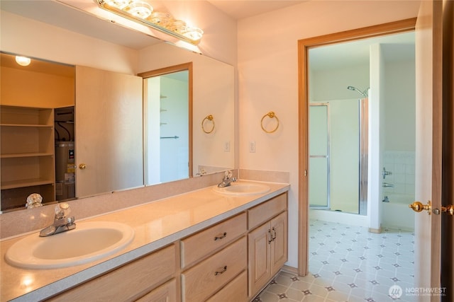 28705 48th Ave NW, Stanwood, WA 98292 - bathroom with double vanity, a shower with door, tile patterned floors, and a bath