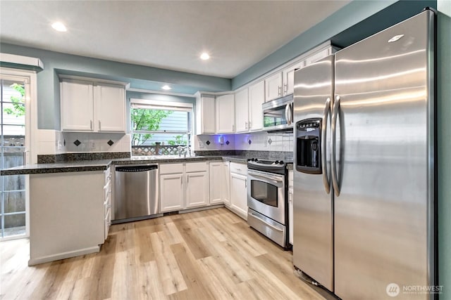 17634 118th Ave SE, Renton, WA 98058 - kitchen with stainless steel appliances, light wood-type flooring, decorative backsplash, white cabinets, and recessed lighting