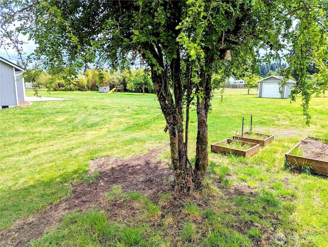 9441 180th Way SW, Rochester, WA 98579 - view of green lawn featuring a vegetable garden and an outbuilding