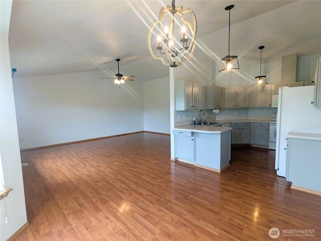 9441 180th Way SW, Rochester, WA 98579 - kitchen featuring a sink, lofted ceiling, open floor plan, ceiling fan, and light countertops