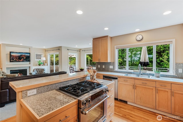 11120 NE 106th Pl, Kirkland, WA 98033 - kitchen featuring appliances with stainless steel finishes, a sink, a warm lit fireplace, recessed lighting, and decorative backsplash