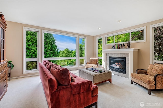 11120 NE 106th Pl, Kirkland, WA 98033 - living room featuring light colored carpet and a high end fireplace