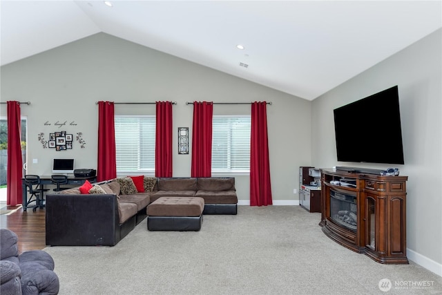 1109 Walker St, Port Angeles, WA 98363 - carpeted living area with lofted ceiling, baseboards, and recessed lighting