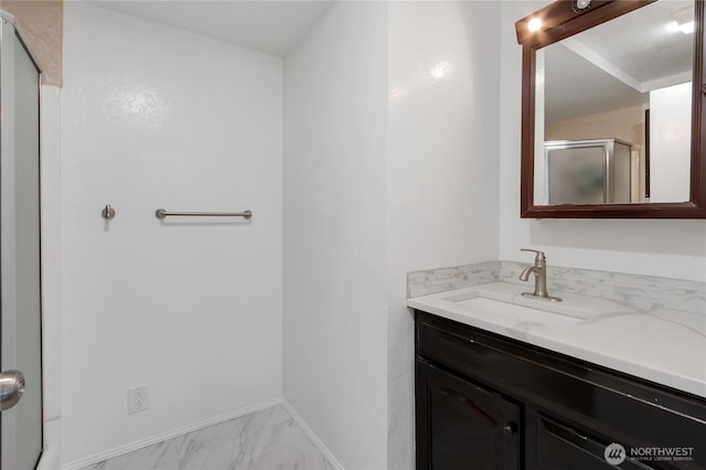 7412 E E St, Tacoma, WA 98404 - full bath with vanity, marble look tile flooring, and an enclosed shower