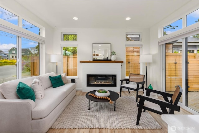 living area featuring wood finished floors, a glass covered fireplace, and recessed lighting