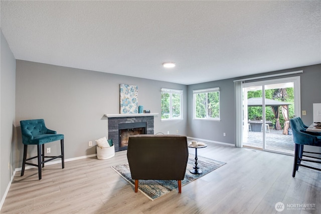 16016 NE 41st St, Vancouver, WA 98628 - living room featuring wood finished floors, a textured ceiling, a stone fireplace, and baseboards
