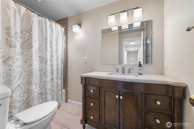 16912 49th St E, Lake Tapps, WA 98391 - full bathroom featuring toilet, vanity, shower / tub combo, and tile patterned flooring