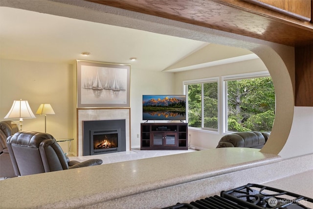 2012 Creekside Ln, Anacortes, WA 98221 - living room with a tiled fireplace and lofted ceiling