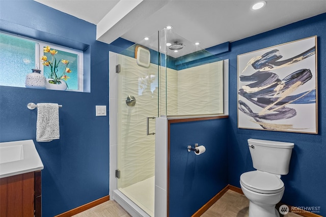 430 S 201st St, Des Moines, WA 98198 - full bath featuring a stall shower, toilet, baseboards, recessed lighting, and vanity