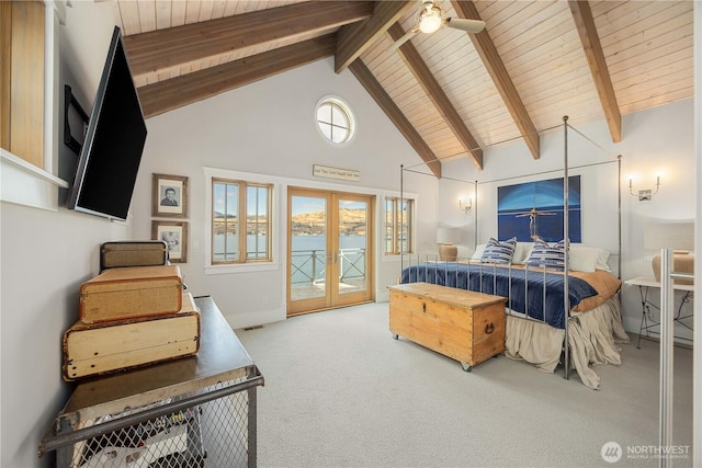 carpeted bedroom with access to exterior, high vaulted ceiling, beam ceiling, french doors, and wooden ceiling