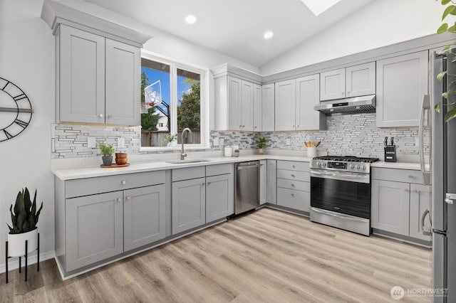 15017 46th Ave SE, Everett, WA 98208 - kitchen featuring appliances with stainless steel finishes, a sink, under cabinet range hood, gray cabinets, and backsplash