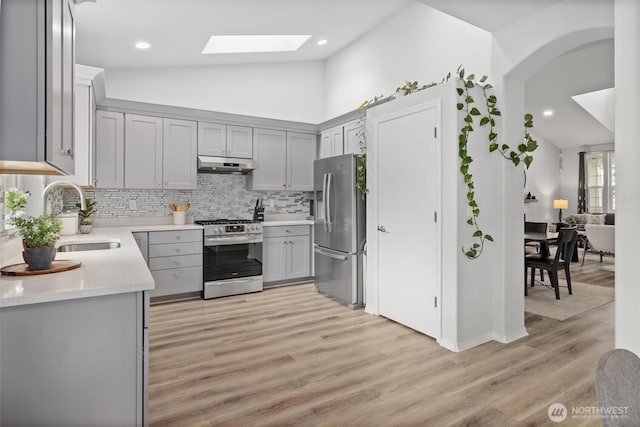 15017 46th Ave SE, Everett, WA 98208 - kitchen featuring stainless steel appliances, a sink, under cabinet range hood, a skylight, and vaulted ceiling