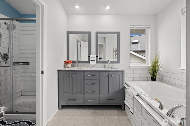 15017 46th Ave SE, Everett, WA 98208 - full bath with a stall shower, a garden tub, double vanity, recessed lighting, and tile patterned flooring
