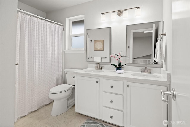 15017 46th Ave SE, Everett, WA 98208 - bathroom with toilet, double vanity, and a shower with curtain