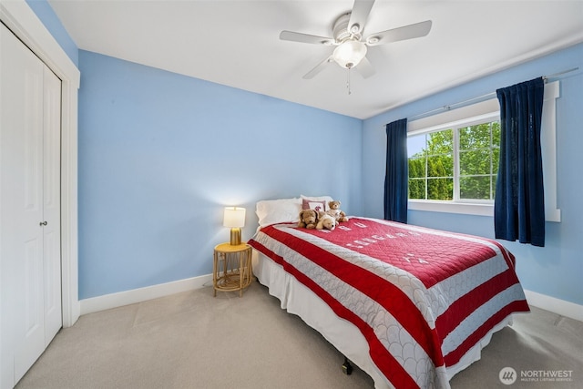 1855 Shanon Ln, Enumclaw, WA 98022 - bedroom with baseboards, carpet floors, a closet, and a ceiling fan