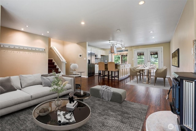 3620 Westminster Dr SE, Port Orchard, WA 98366 - living area featuring dark wood-type flooring, stairs, recessed lighting, and baseboards