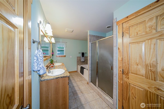 39800 224th Ave SE, Enumclaw, WA 98022 - bathroom with a shower stall, tile patterned flooring, double vanity, and a garden tub