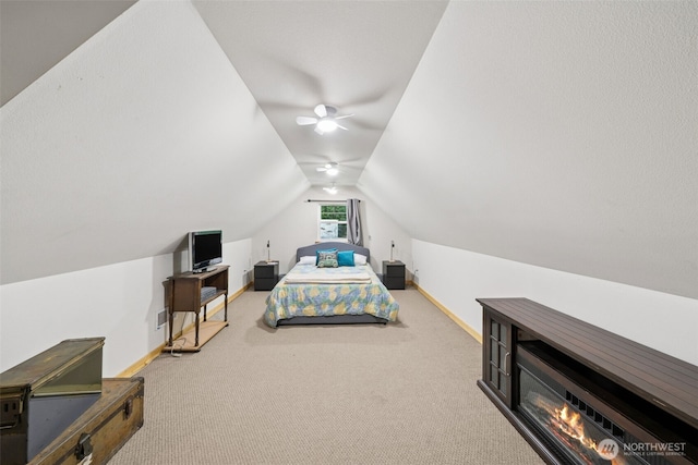 39800 224th Ave SE, Enumclaw, WA 98022 - bedroom featuring carpet floors, vaulted ceiling, baseboards, and a ceiling fan