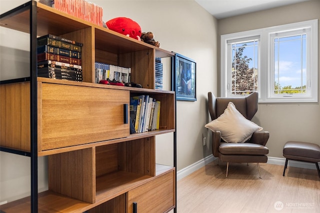 living area featuring baseboards and wood finished floors