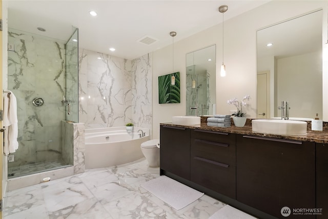 737 Olive Way Unit 2703, Seattle, WA 98101 - full bath featuring a marble finish shower, a garden tub, double vanity, recessed lighting, and marble finish floors