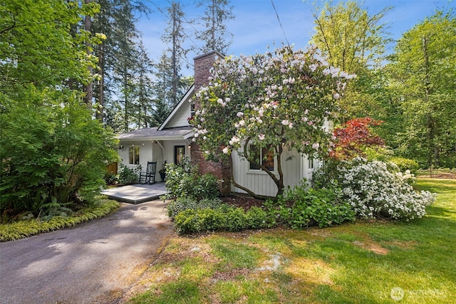 15715 249th Ave SE, Issaquah, WA 98027 - view of property hidden behind natural elements featuring a chimney, a front yard, and board and batten siding