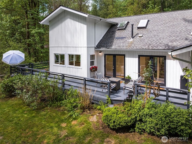 15715 249th Ave SE, Issaquah, WA 98027 - rear view of house featuring a shingled roof, french doors, and a deck