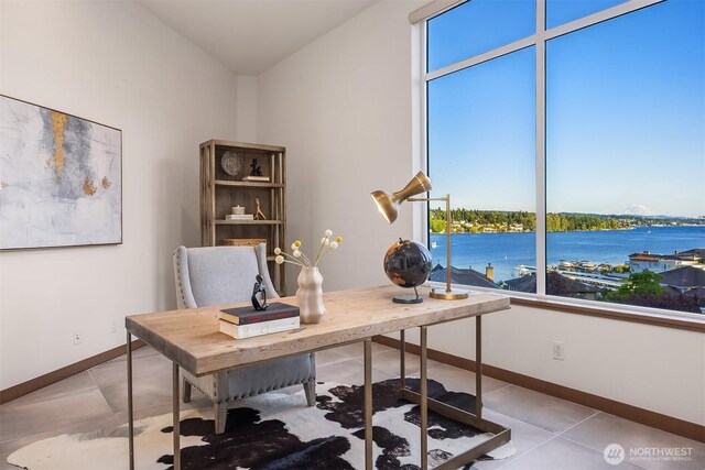 8553 NE Juanita Dr, Kirkland, WA 98034 - tiled home office with baseboards and a water view