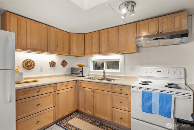 1059 Island Dr, Lummi Island, WA 98262 - kitchen with white appliances, under cabinet range hood, a sink, and light countertops