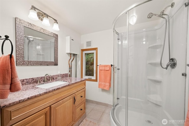1059 Island Dr, Lummi Island, WA 98262 - bathroom with a stall shower, tile patterned flooring, vanity, and baseboards