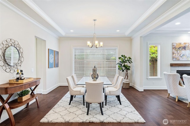 9827 NE 20th St, Bellevue, WA 98004 - dining space with a chandelier, healthy amount of natural light, dark wood-style floors, crown molding, and recessed lighting