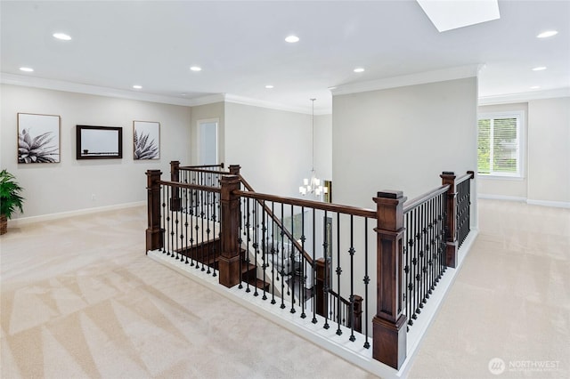 9827 NE 20th St, Bellevue, WA 98004 - hallway with an upstairs landing, carpet floors, a chandelier, recessed lighting, and crown molding