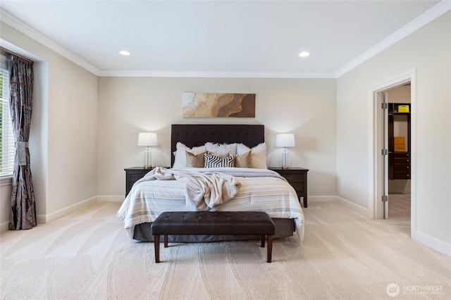 9827 NE 20th St, Bellevue, WA 98004 - bedroom with light carpet, ornamental molding, baseboards, and recessed lighting