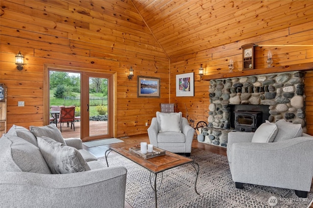 5410 SW 244th St, Vashon, WA 98070 - living area featuring wooden walls, wooden ceiling, wood finished floors, and high vaulted ceiling