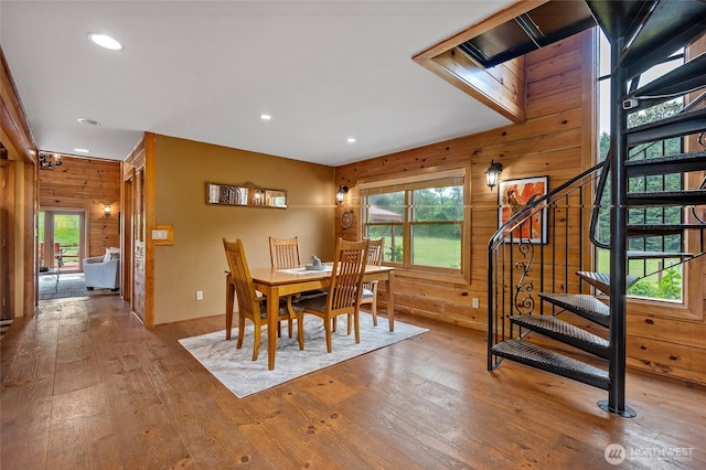 5410 SW 244th St, Vashon, WA 98070 - dining space featuring wooden walls, hardwood / wood-style floors, stairway, and recessed lighting