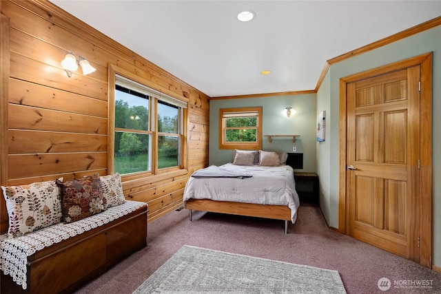 5410 SW 244th St, Vashon, WA 98070 - bedroom with crown molding, carpet flooring, and wooden walls