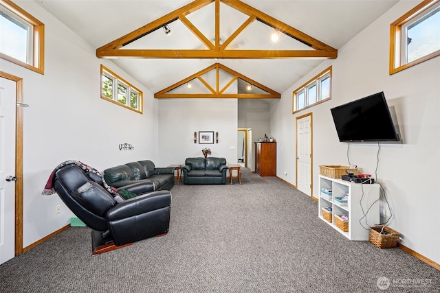 13925 80th St E, Puyallup, WA 98372 - living area with beam ceiling, carpet flooring, and high vaulted ceiling
