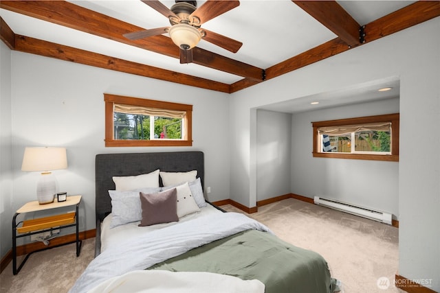 carpeted bedroom with a baseboard heating unit, baseboards, beam ceiling, and a ceiling fan