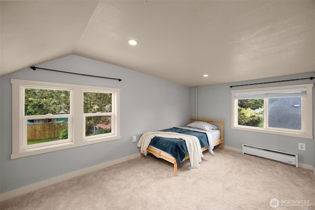 carpeted bedroom featuring baseboard heating, lofted ceiling, baseboards, and recessed lighting