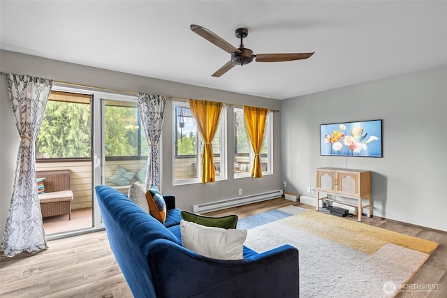 8516 196th St SW Unit 311, Edmonds, WA 98026 - living area featuring a baseboard radiator, a ceiling fan, and wood finished floors