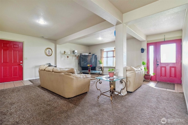 237 Reeds Rd, Touchet, WA 99360 - carpeted living area featuring tile patterned flooring and a textured ceiling