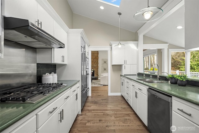 13050 SE 21st Pl, Bellevue, WA 98005 - kitchen with appliances with stainless steel finishes, a sink, under cabinet range hood, wood finished floors, and a skylight