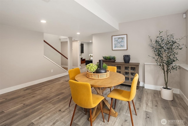13050 SE 21st Pl, Bellevue, WA 98005 - dining area with stairs, wood finished floors, baseboards, and recessed lighting