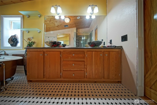 19308 8th St E, Spanaway, WA 09387 - full bath with vaulted ceiling, a stall shower, a soaking tub, and vanity
