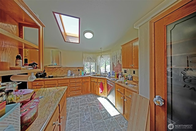 19308 8th St E, Spanaway, WA 09387 - kitchen featuring wall chimney range hood, a skylight, black electric stovetop, dishwasher, and stone finish flooring