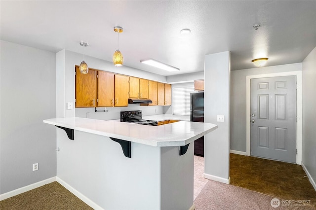 2900 W Marina Dr Unit 303, Moses Lake, WA 98837 - kitchen with electric range, under cabinet range hood, freestanding refrigerator, light countertops, and a peninsula