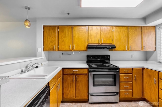 2900 W Marina Dr Unit 303, Moses Lake, WA 98837 - kitchen featuring electric range, under cabinet range hood, a sink, dishwasher, and light countertops