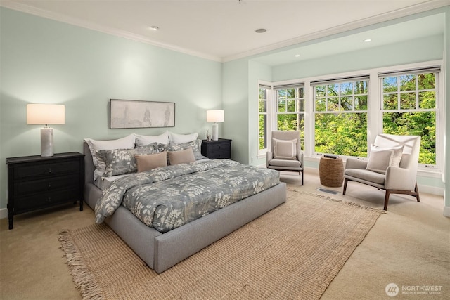 bedroom featuring carpet, multiple windows, ornamental molding, and baseboards