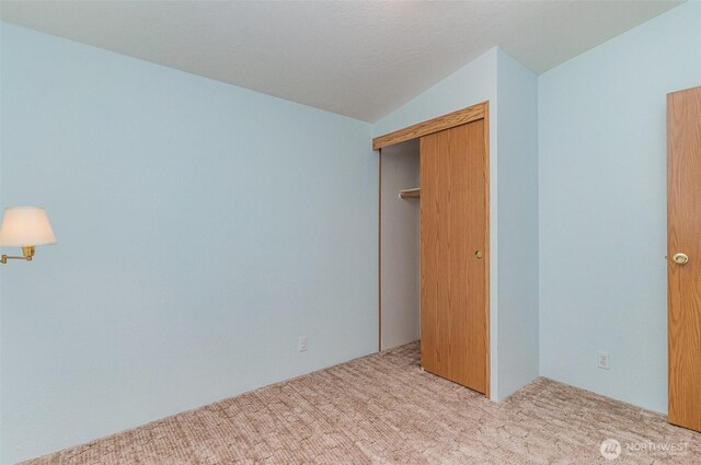 unfurnished bedroom with carpet, vaulted ceiling, and a closet